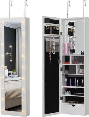 HOMCOM Jewelry Armoire with Mirror and 18 LED Lights, Wall-Mounted/Over-The-Door Cabinet with 3 Mountable Heights