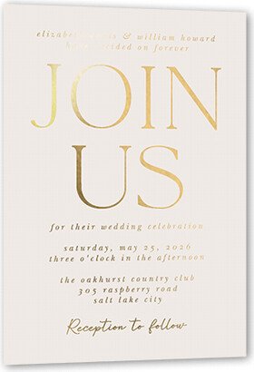 Wedding Invitations: Brightly Joined Wedding Invitation, Beige, Gold Foil, 5X7, Matte, Personalized Foil Cardstock, Square