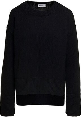 Black Classic Crewneck Sweatshirt and Ribbed Inserts in Wool Woman