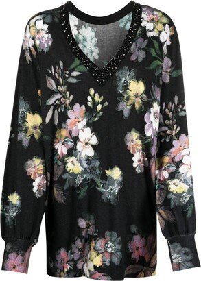 floral-print V-neck jumper