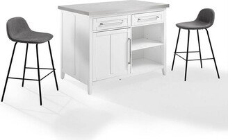 Silvia Stainless Steel Top Kitchen Island with Riley Stools White/Gray