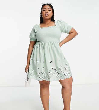 Yours square neck shirred eyelet mini dress in sage