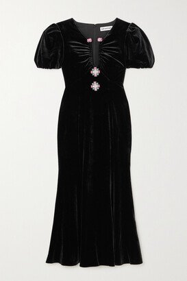 Crystal-embellished Gathered Velvet Midi Dress - Black