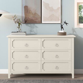 RASOO Milky White Classical Style Wooden Dresser with 6 Large Drawers