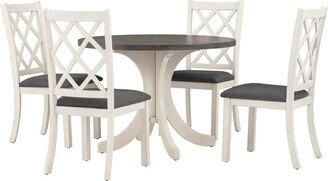 GREATPLANINC Wooden 5-Piece Round Dining Table Set, Minimalist Kitchen Table Set Mid-Century End Table with Linen Fabric Upholstered Chairs