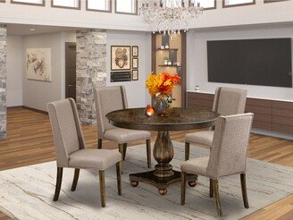 Dining Room Set Includes a Dining Table and Dark Khaki Linen Fabric Parson Chairs - Distressed Jacobean Finish