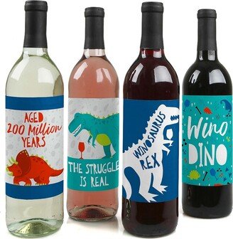 Big Dot Of Happiness Roar Dinosaur - Dino Mite T-Rex Party Decor - Wine Bottle Label Stickers - 4 Ct