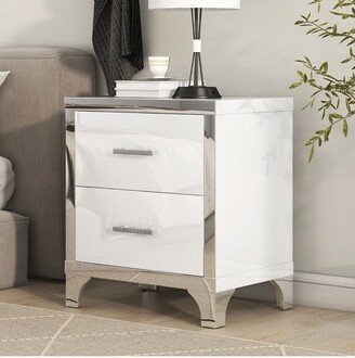 Modern High Gloss Nightstand with Metal Handle, Bedside Table with 2 Drawers, White