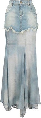 Asymmetric Layered Silk-Chiffon And Denim Maxi Skirt