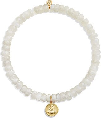 Sitting Buddha Coin Charm On Rainbow Moonstone Beaded Bracelet