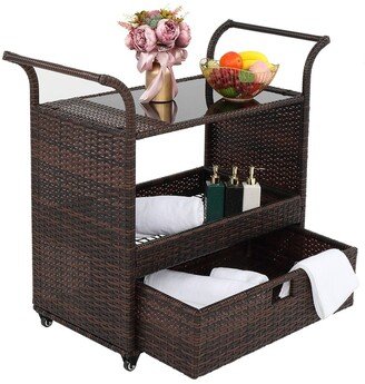 hommetree Outdoor Patio Rattan Serving Bar Cart With Drawer