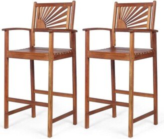 2 Pieces Outdoor Acacia Wood Bar Chairs with Sunflower Backrest and Armrests - 21.5 x 19.5 x 47