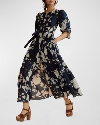 Puff-Sleeve Floral-Print Pintuck Midi Dress