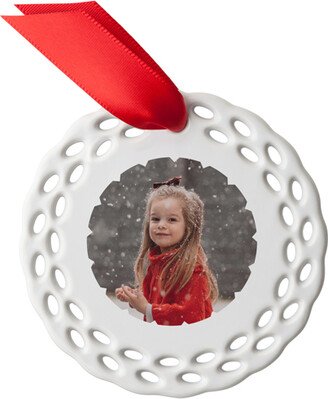 Ornaments: Scalloped Frame Ceramic Ornament, White, Circle