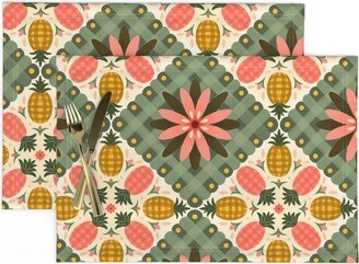 Pineapple Placemats | Set Of 2 - Plaid By Twinkleandtwine Floral Checkered Pink Yellow Cloth Spoonflower