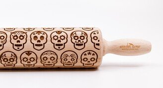 No. R051 Mexico Skull Día De Muertos Pattern Sugar Skull Wooden Rolling Pin Roller Engraved Housewarming