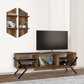 55 Inch Wood TV Console Entertainment Center, 1 Drop Down Door, 2 Wall Shelves, Walnut, Black