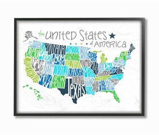 United States Map Colored Typography Framed Giclee Art, 11 x 14