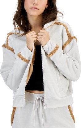 Juniors' Sherpa-Trim Long-Sleeve Fleece Hoodie