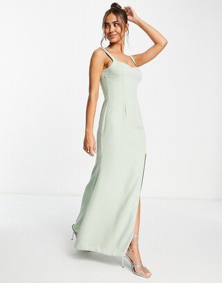 Bridesmaid maxi dress with curved neckline and satin straps