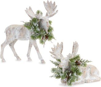 Set of 2 White Moose Figurines with Pine Wreaths 12.5