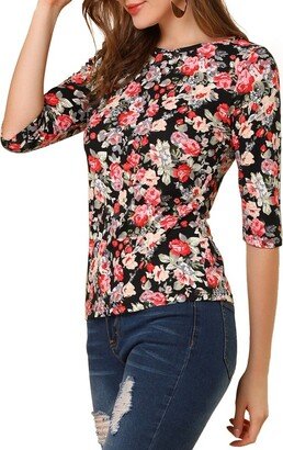 Allegra K Women's Elbow Sleeves Boat Slim Fit Casual Printed T-Shirt Black-Floral Small