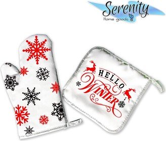 Hello Winter | Decorative Kitchen Hot Plate Pot Holder Oven Mitt Set Christmas Reindeer