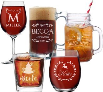 Personalized Christmas Beer Mug, Custom Holiday Engraved Mason Drinking Jar, Customized Wine Glass