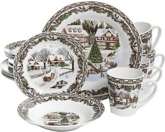 16pc Stoneware Christmas Toile Dinnerware Set