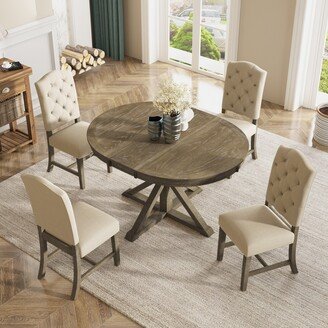 GEROJO Natural Wood Wash Extendable Retro Style 5-Piece Dining Table Set with Upholstered Chairs, Family Friendly Functional Furniture