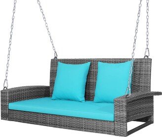2 Person Wicker Hanging Porch Swing Outdoor Rattan Swing with Cushions