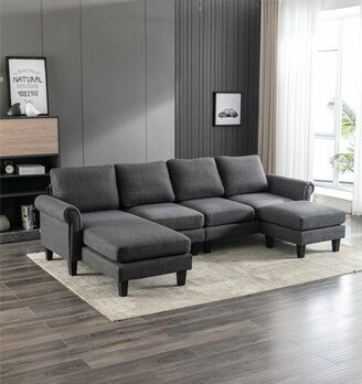 IGEMANINC U-shape Sectional Sofa 4 Seater Polyester Sofa Lounge Chaise Couch with Ottoman