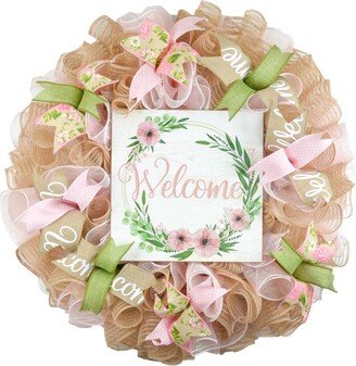 Welcome Floral Spring Wreath, Mothers Day Gift, Summer Front Door Decor, Everyday Decoration, Pink White