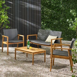 Bryan Outdoor Wicker and Acacia Wood 4 Seater Chat Set