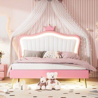 GREATPLANINC Queen Size Platform Bed Princess Theme Bed With LED Lights, White/ Pink