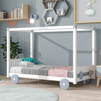 Calnod Twin Size Pine Poster Bed, Car-Inspired Design with Four Wheels, Supported by Robust Wooden Boards