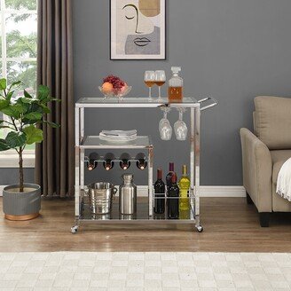 Chrome Bar Serving Cart Silver Modern Glass Metal Frame Wine Storage