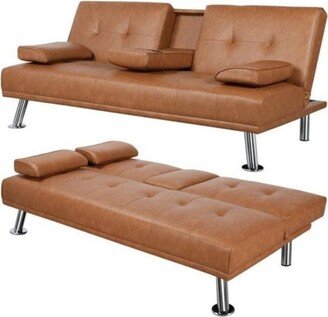 Faux Leather Cup Holders Convertible Sofa Bed Futon Sleeper