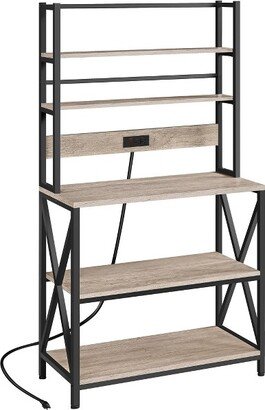 5-Tier Kitchen Baker’s Racks with Power Outlets, Coffee Bar Station With Hutch, Gray