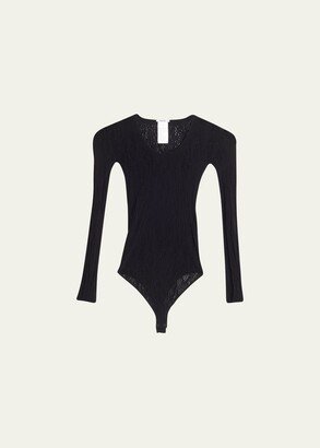 Long-Sleeve Snakeskin Lace Thong Bodysuit