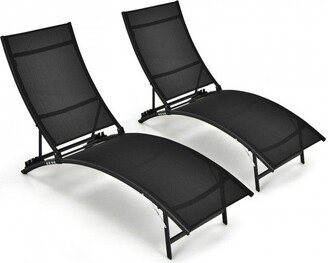 2 Pieces Patio Folding and Stackable Chaise Lounge Chair with 5-Position Adjustment-Black - 67.5 x 22 x 41/39.5