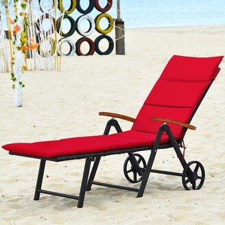 Folding Patio Rattan Lounge Chair Cushioned Aluminum w/ Wheel - See Details