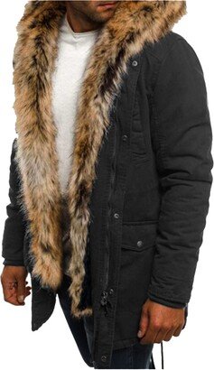 Generic Black Puffer Jacket Men Male Mens Thickened Overcoat Warm Winter Windproof Drawstring Waist Fleece Lined Faux- Hood Outwear Jacket Mens Puffer Coat with Fur Hood