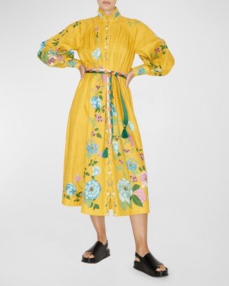 Dana Floral Linen Tie-Belt Midi Shirt Dress