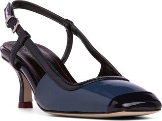 Beautiisoles by Robyn Shreiber Made in Italy Marika Navy Patent Leather Work Evening Kitten Heel Leather Pump Slingback