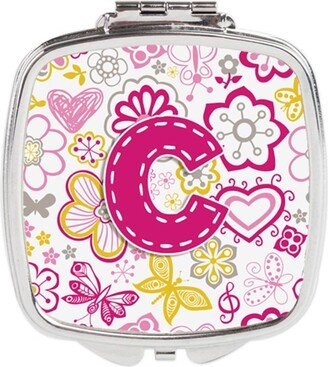 CJ2005-CSCM Letter C Flowers & Butterflies Pink Compact Mirror