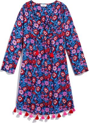 Floral Long Sleeve Cotton Blend Cover-Up Dress