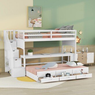 Aoolive Twin XL Loft Bed with Twin Size Trundle and 3 Drawers, Storage, Desk, stairs