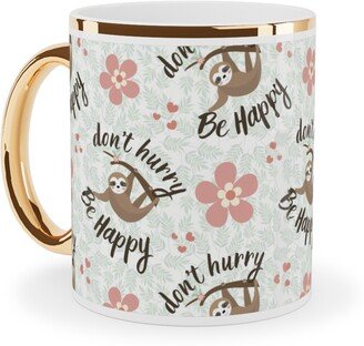 Mugs: Don't Hurry Be Happy - Beige Ceramic Mug, Gold Handle, 11Oz, Beige