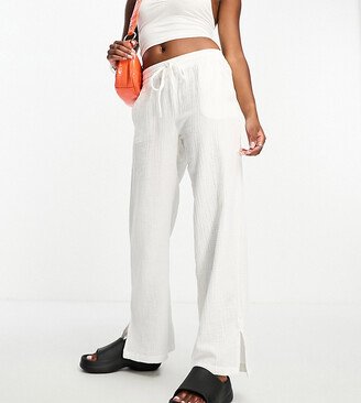 JDY Petite cheesecloth wide leg side slit pants in white